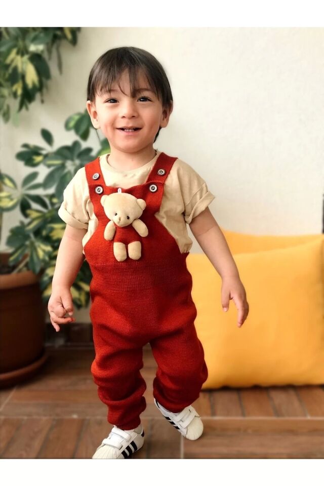 Ayıcıklı Düğmeli Bebek Çocuk Triko Salopet lila Kırmızı - 4-5 Yaş