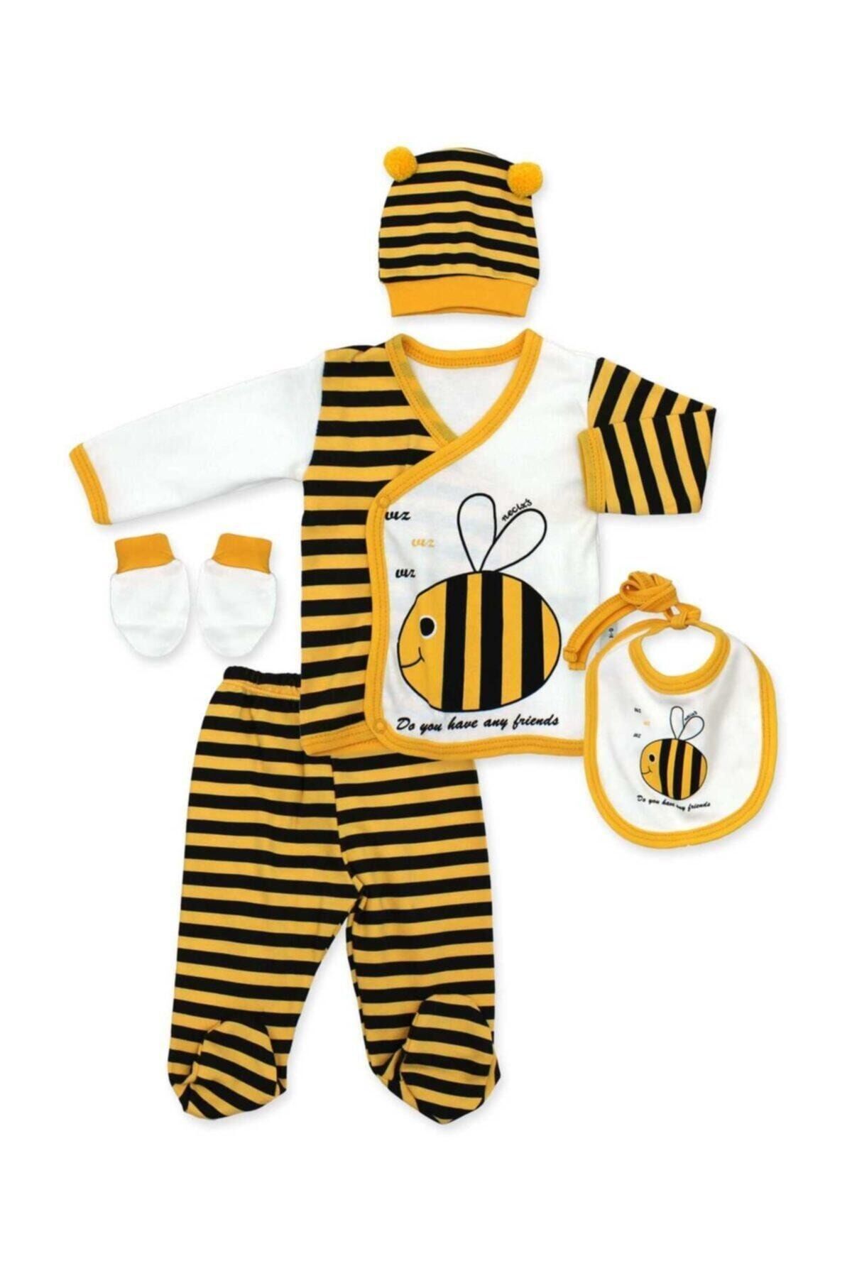 Unisex Bebek Bej Sarı Arılı 5'li Hastane Çıkışı