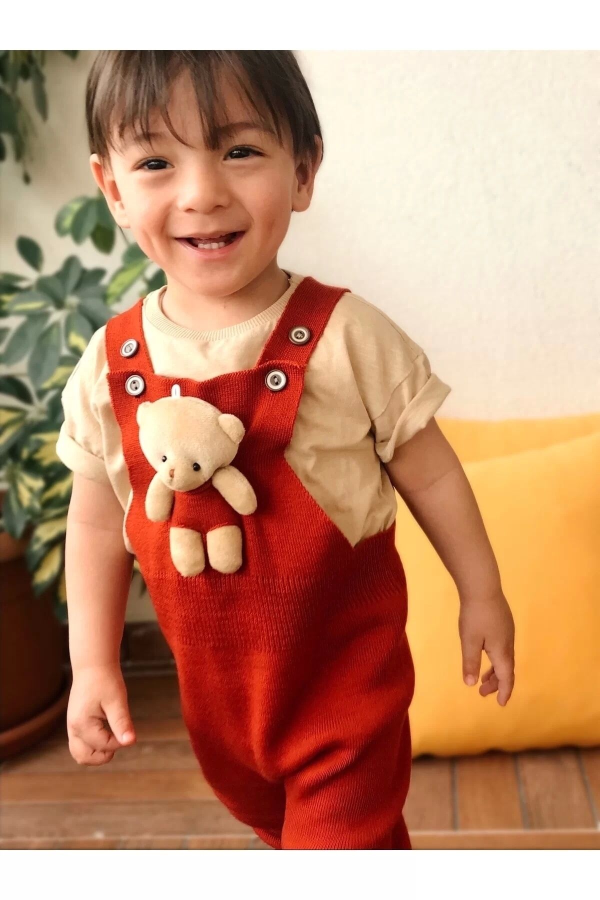 Ayıcıklı Düğmeli Bebek Çocuk Triko Salopet lila Kırmızı - 2-3 Yaş