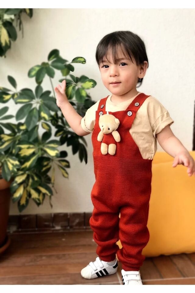 Ayıcıklı Düğmeli Bebek Çocuk Triko Salopet lila Kırmızı - 6-12 Ay