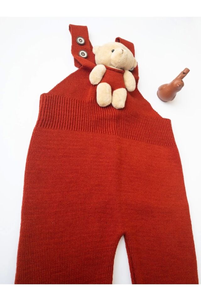 Ayıcıklı Düğmeli Bebek Çocuk Triko Salopet lila Kırmızı - 6-12 Ay
