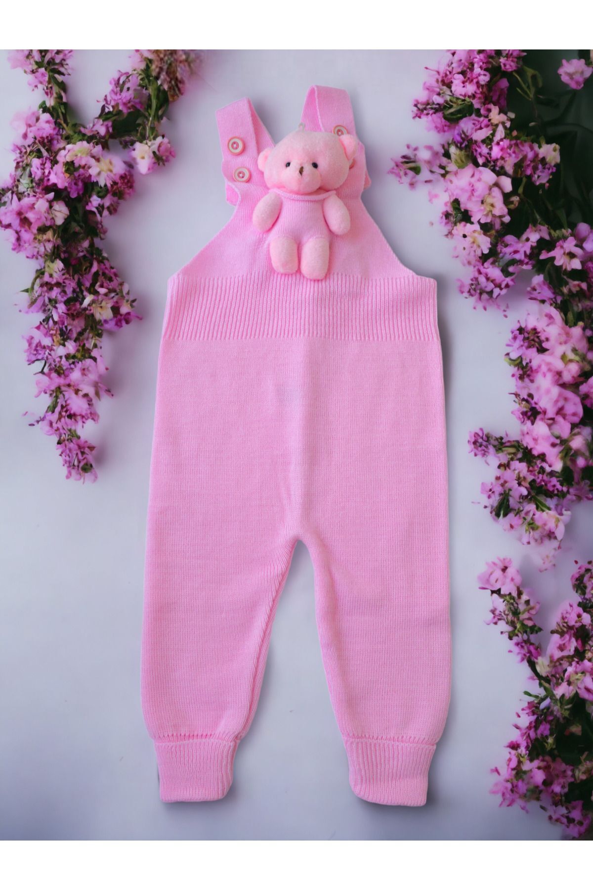 Ayıcıklı Düğmeli Bebek Çocuk Triko Salopet lila Pembe - 6-12 Ay