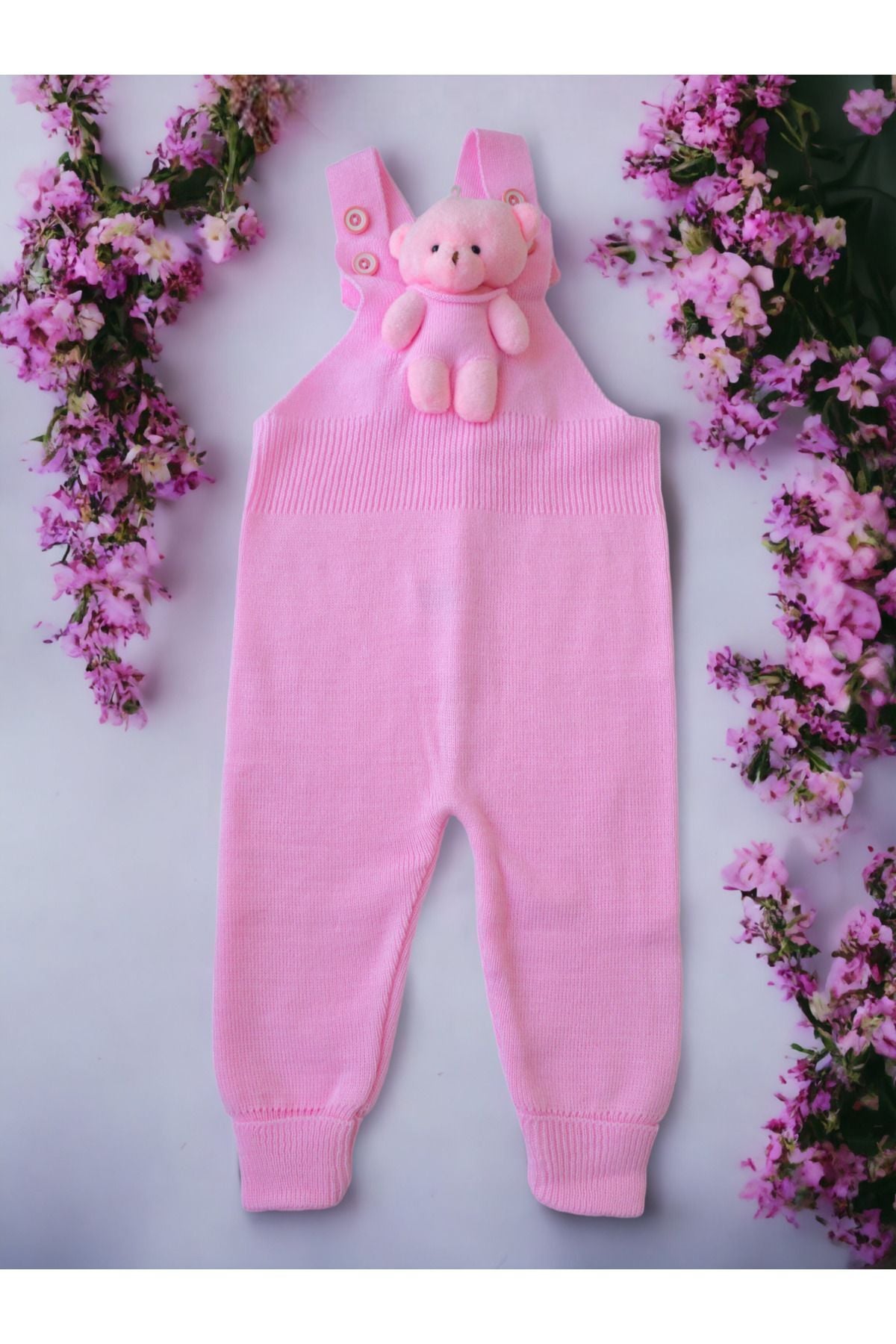 Ayıcıklı Düğmeli Bebek Çocuk Triko Salopet lila Pembe - 3-4 Yaş