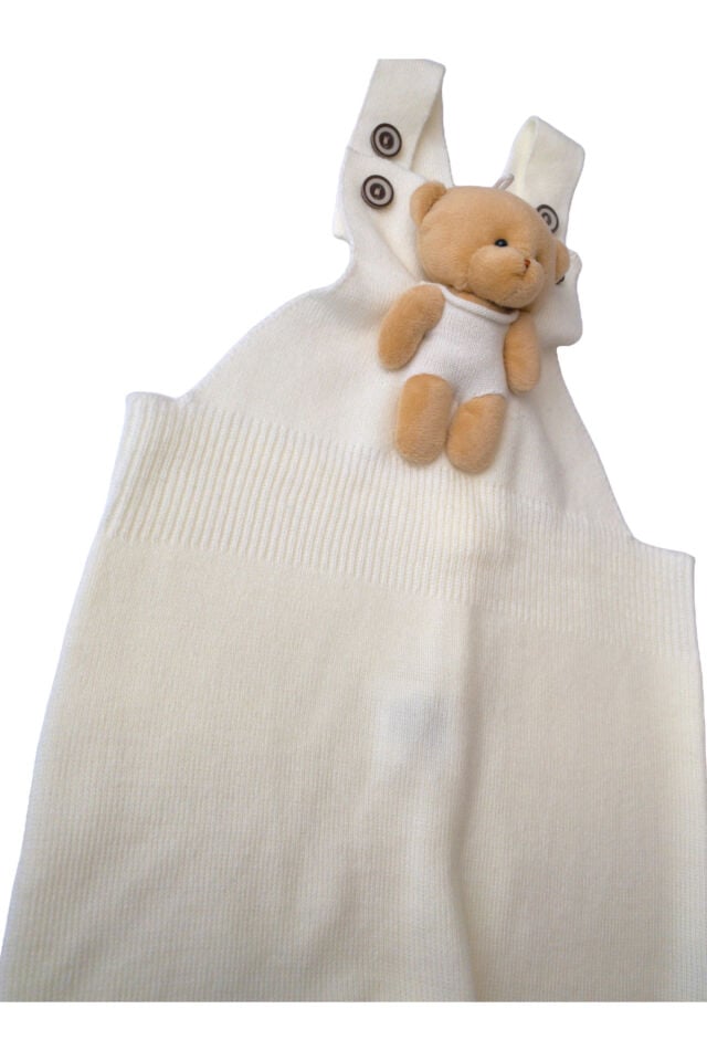 Ayıcıklı Düğmeli Bebek Çocuk Triko Salopet lila Ekru - 1-2 Yaş