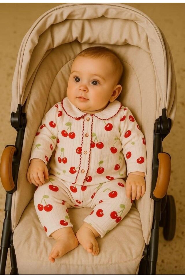 Kahve kalpli yakalı organik bebek takım Kirazlı - 3-6 Ay