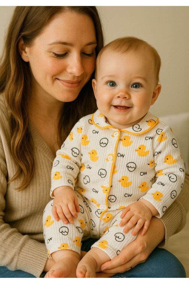 2’li Fitilli Kumaş Civciv Desenli Kız Erkek Bebek Çocuk Alt Üst Pijama Takımı Sarı - 3-6 Ay