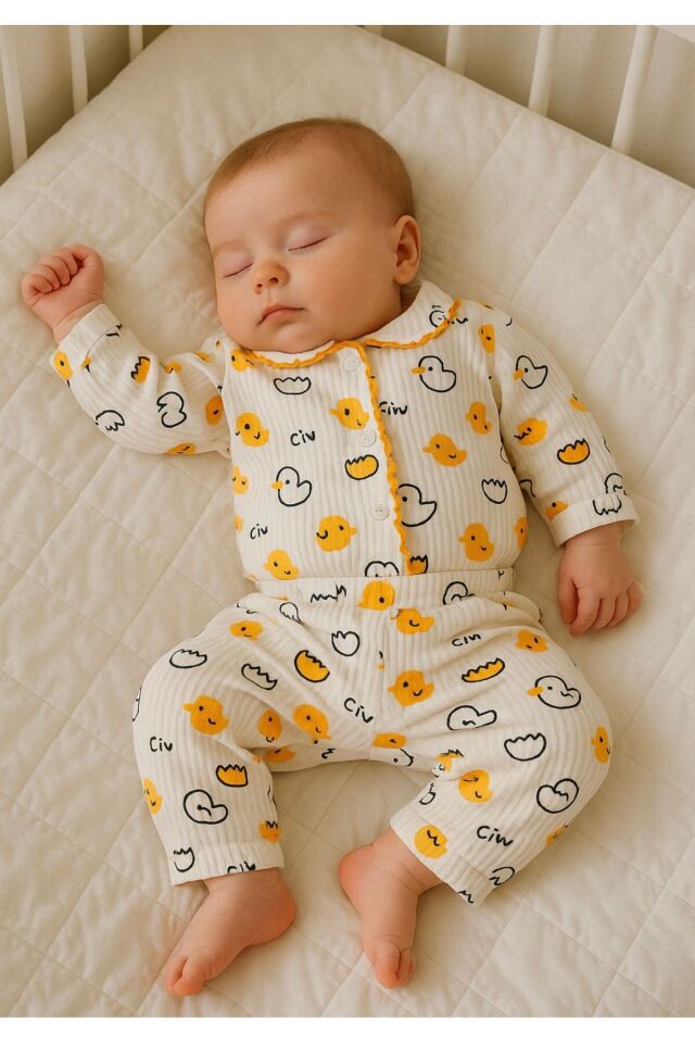 2’li Fitilli Kumaş Civciv Desenli Kız Erkek Bebek Çocuk Alt Üst Pijama Takımı Sarı - 3-6 Ay