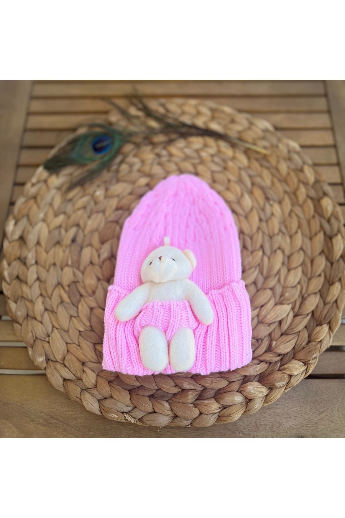 Ayıcıklı Pembe Bebek Çocuk Yün Triko Bere Ayıcıklı-Pembe - Standart
