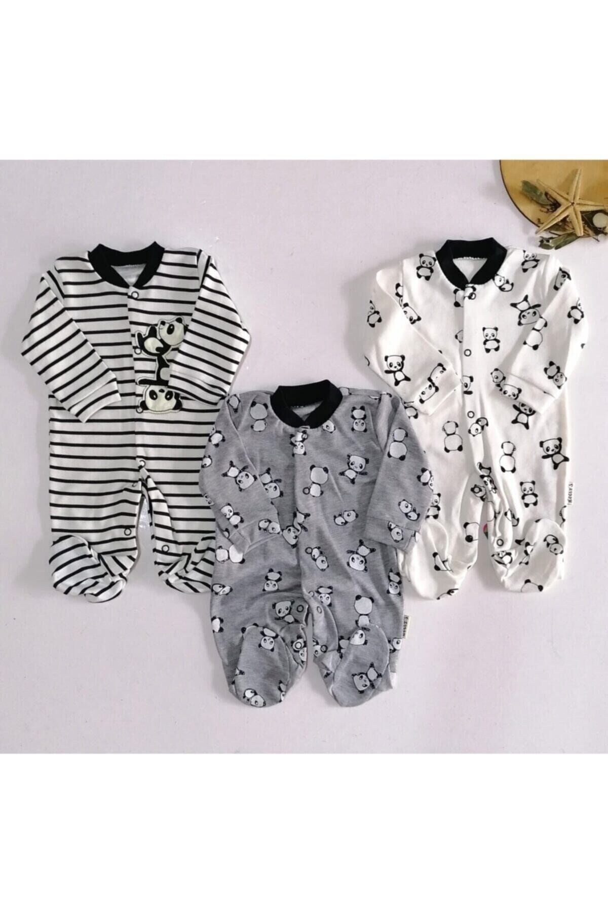 Unisex Bebek Pandalı Baskılı 3 Lü Bebek Tulum Set