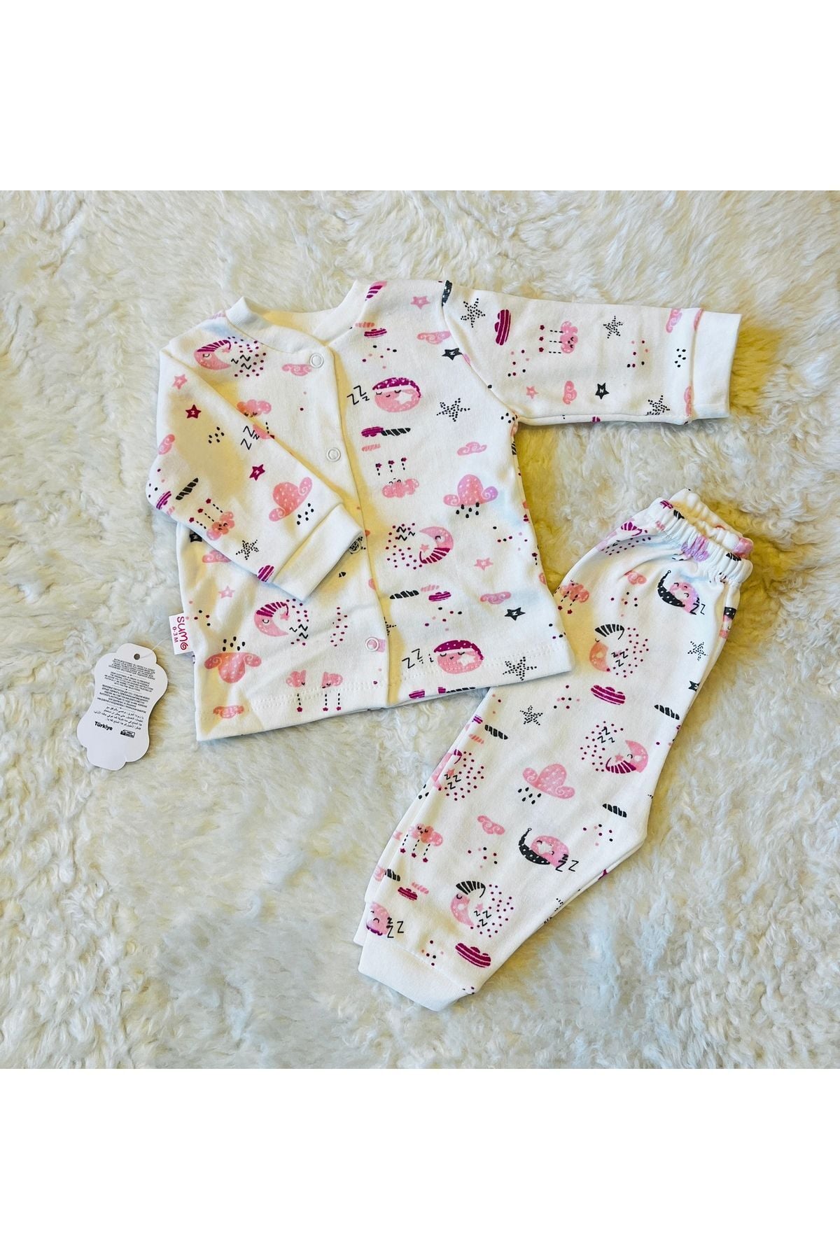 Pemba Beyaz Uyku Desenli Önden Çıtçıtlı Pamuk Kumaş 2li Bebek Takım Pembeuyku - 6-9 Ay