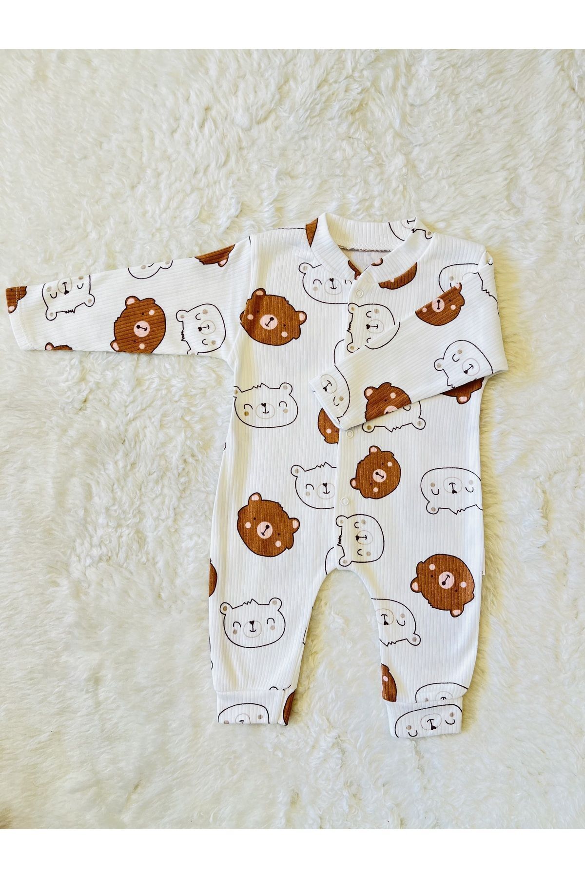 Yeşil Organik Kız Erkek Bebek Pamuk Kumaş Çıtçıtlı Tulum Kahvefitilli - 3-6 Ay