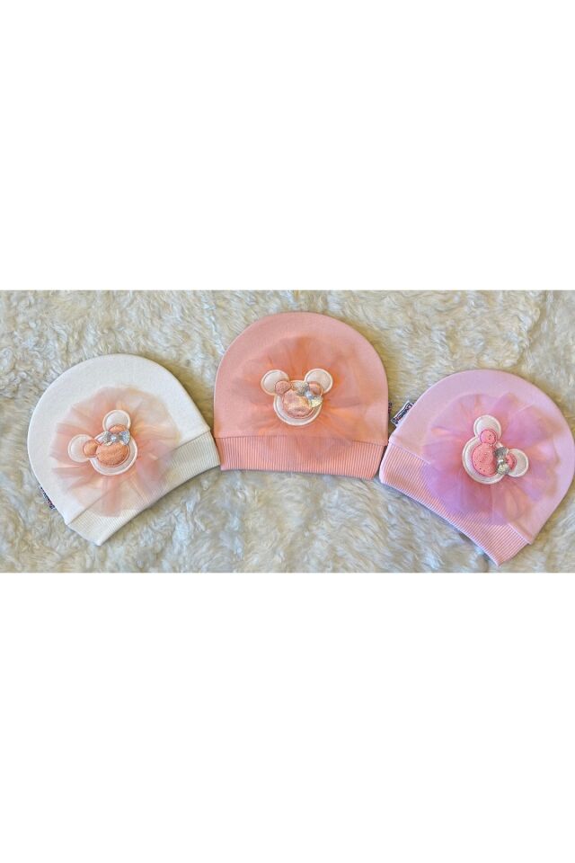 3’'lü Pembe Beyaz Somon Kız Bebek Çocuk Penye Şapka Bere 3Lüpembe - 0-1 Yaş