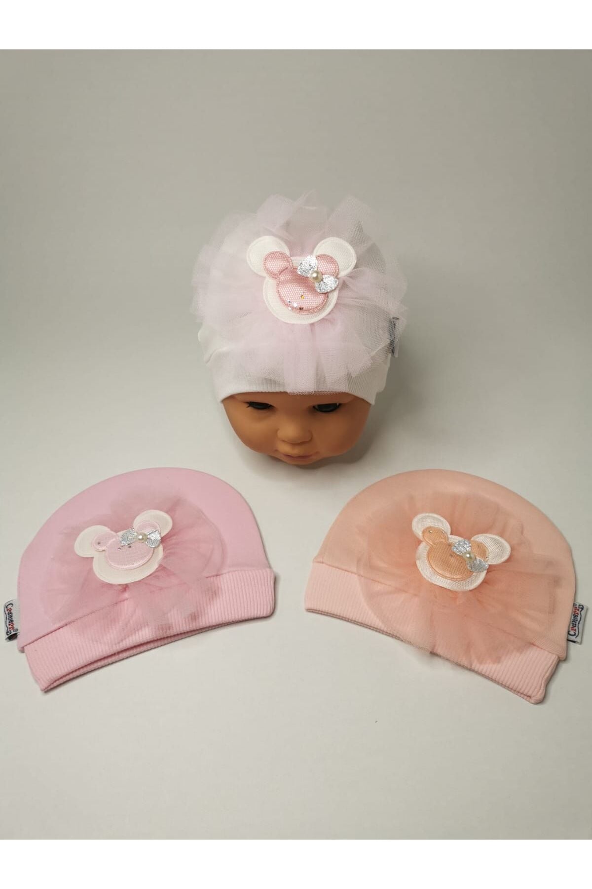 3’'lü Pembe Beyaz Somon Kız Bebek Çocuk Penye Şapka Bere 3Lüpembe - 0-1 Yaş