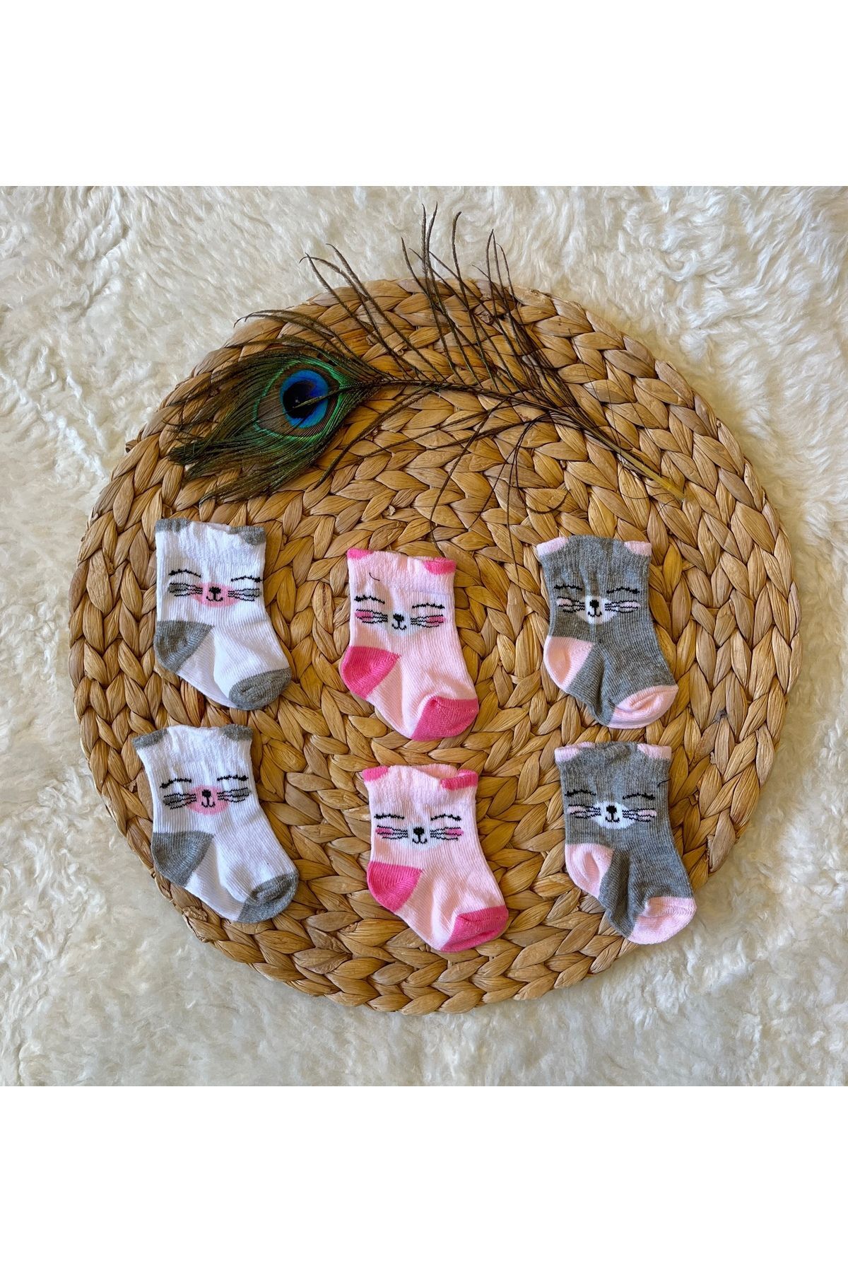 3’lü Yenidoğan Organik Kız Erkek Bebek Çorap Kedi - Yeni Doğan