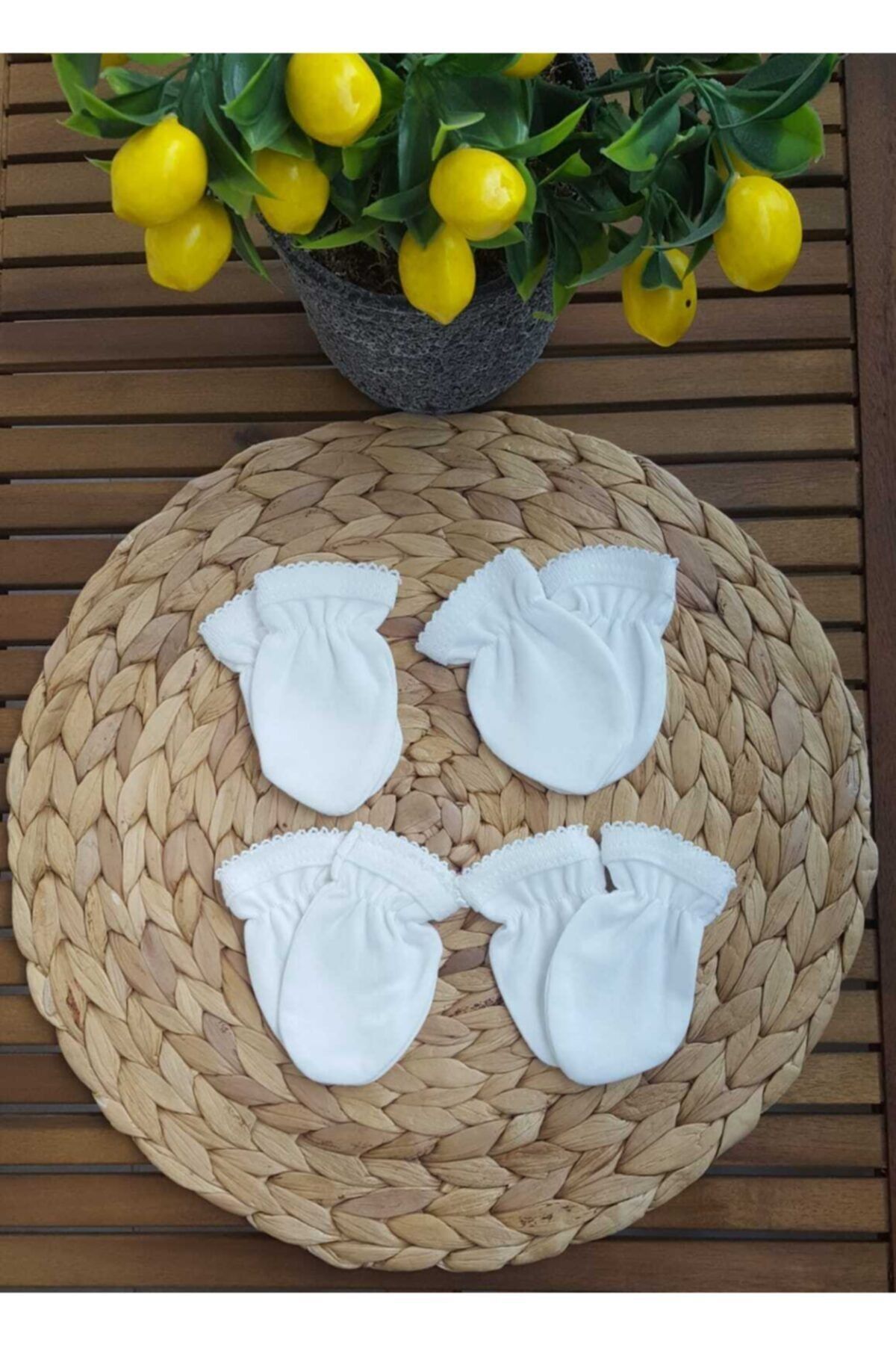 Yenidoğan Kız Erkek Bebek 4 Çift Pamuk Eldiven Not: Özel Işleme Yapılmıştır Ekru - 0-3 Ay