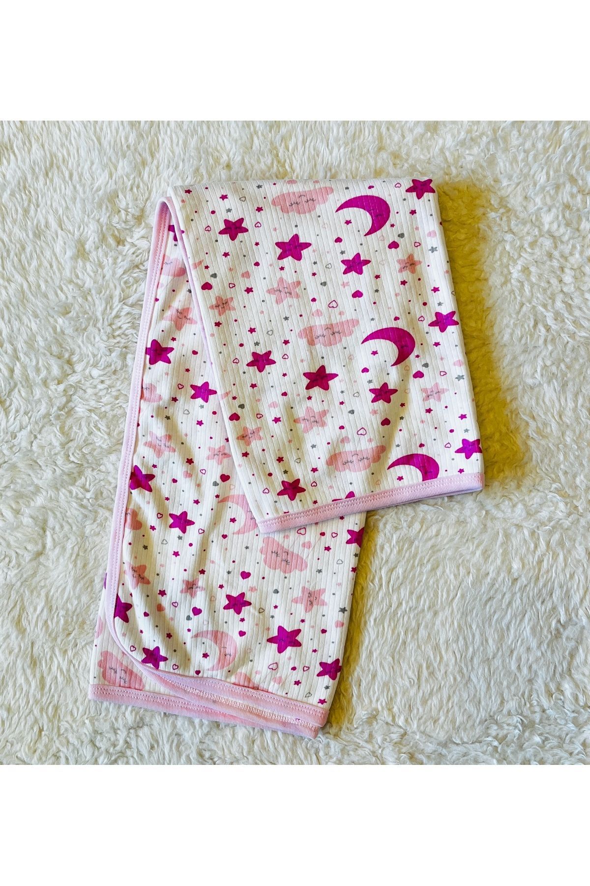 Mavi baby fitilli kumaş organik bebek kundak battaniyesi Pembe Yıldızlı