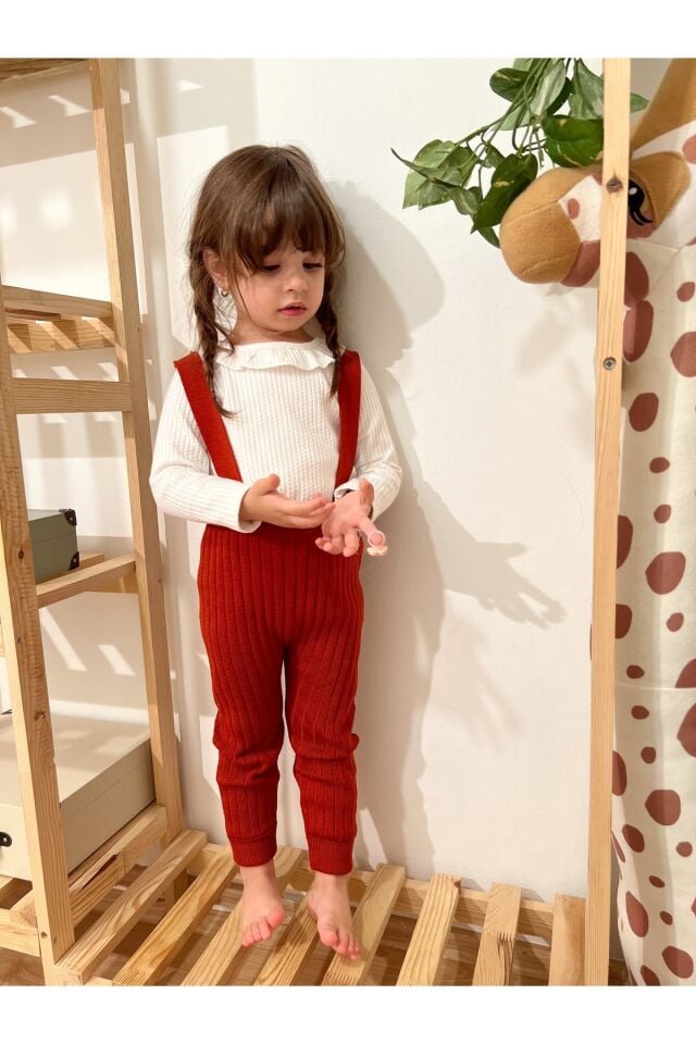 Askılı Ayarlanabilir Triko Tayt Salopet Tulum Bebek Çocuk Kiremit - 9 - 12 Ay
