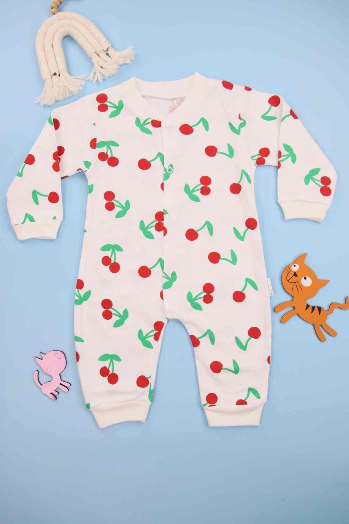 Kiraz Desenli Bebek Beyaz Tulum Beyaz - 0-3 Ay