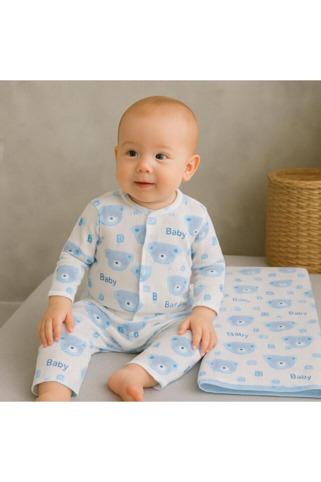 Mavi Baby Ayıcık Desenli 6 Parça Battaniyeli Yenidoğan Pamuk Takım Hastane Çıkışı Mavi3Lüayıcıktkm - 0-3 Ay
