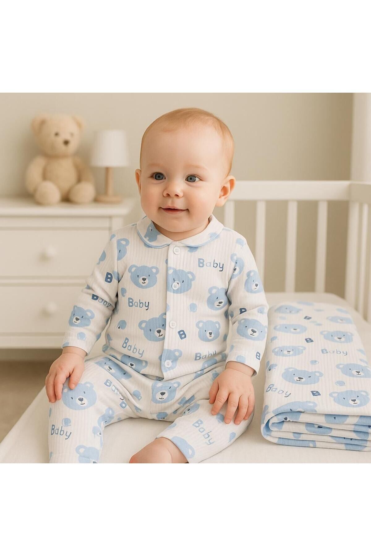 Mavi Baby Ayıcık Desenli 6 Parça Battaniyeli Yenidoğan Pamuk Takım Hastane Çıkışı Mavi3Lüayıcıktkm - 0-3 Ay