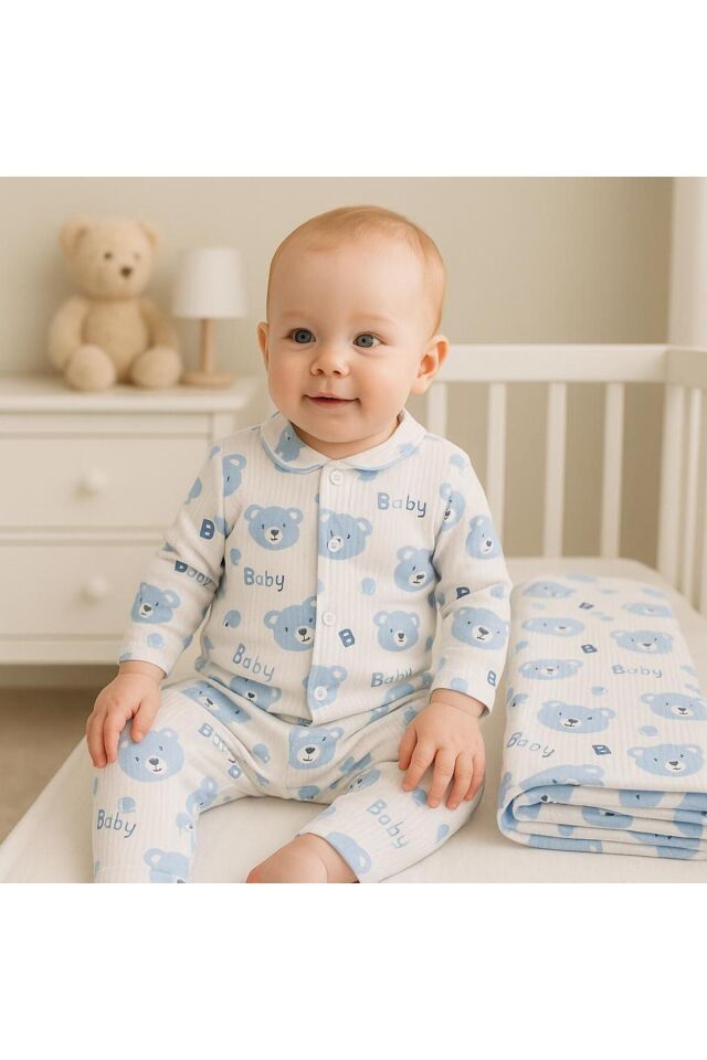 Mavi Baby Ayıcık Desenli 6 Parça Battaniyeli Yenidoğan Pamuk Takım Hastane Çıkışı Mavi3Lüayıcıktkm - 0-3 Ay