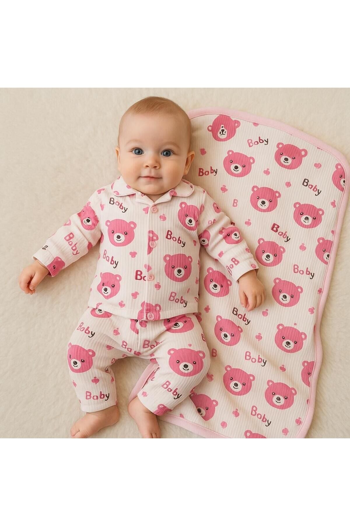 Mavi Baby Ayıcık Desenli 6 Parça Battaniyeli Yenidoğan Pamuk Takım Hastane Çıkışı Pembe3Lüayıcıktkm - 0-3 Ay
