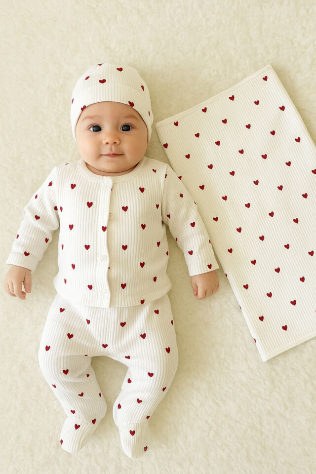 Mavi Baby Ayıcık Desenli 6 Parça Battaniyeli Yenidoğan Pamuk Takım Hastane Çıkışı Beyaz Kırmızı Kalp - 0-3 Ay