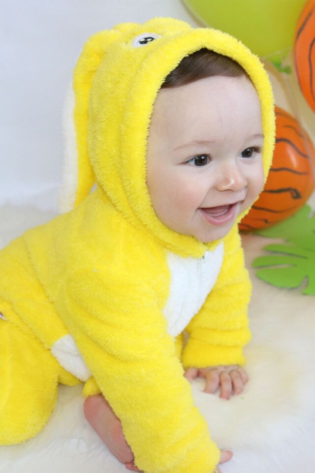 Unisex Bebek Sarı Peluş Tavşanlı Tulum
