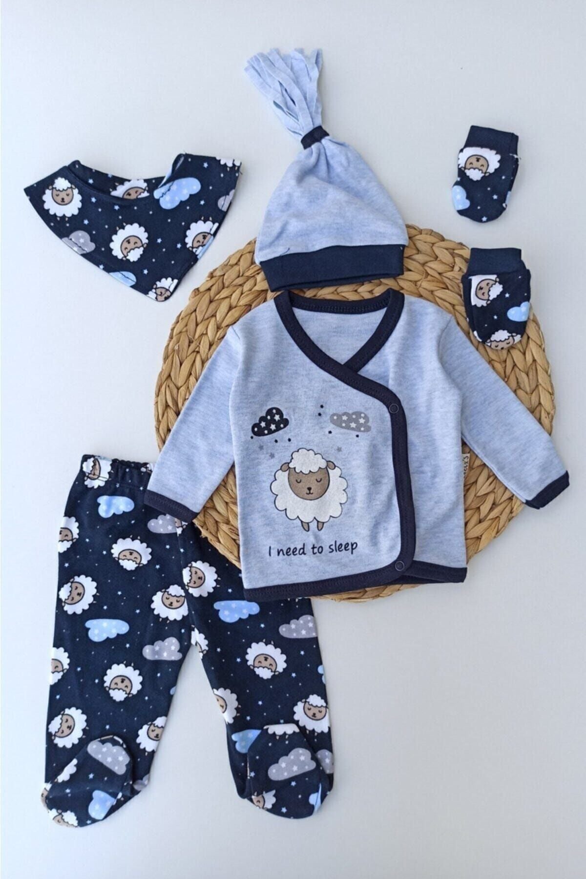 Erkek Bebek Mavi Kuzu Baskılı Bebek 5li Hastana Çıkışı Zıbın Set