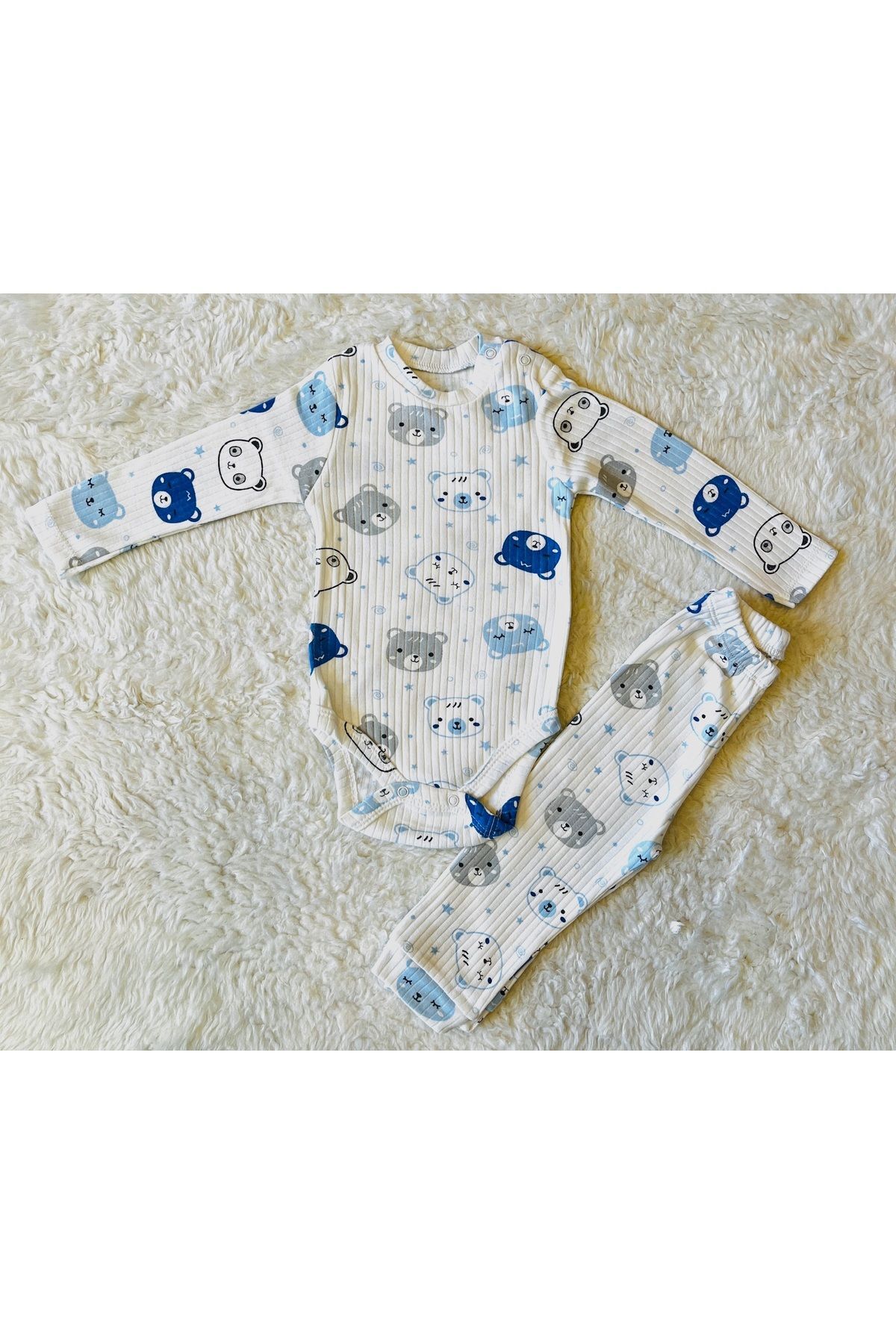 Sarı bulutlu önden çıtçıtlı ikili bebek takım Beyazmavikafkas - 3-6 Ay