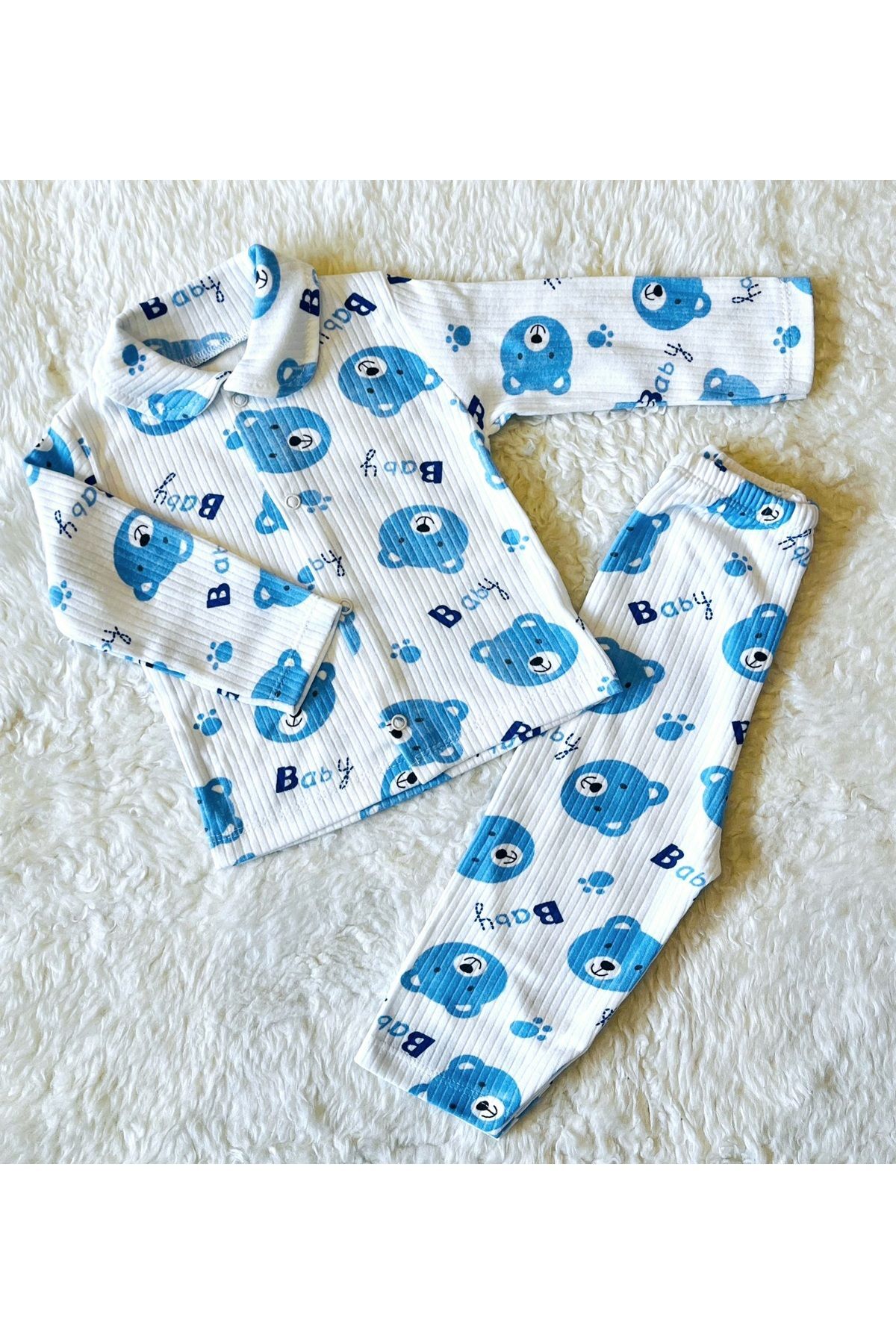 Sarı bulutlu önden çıtçıtlı ikili bebek takım Maviayıcık2Li - 0-6 Ay