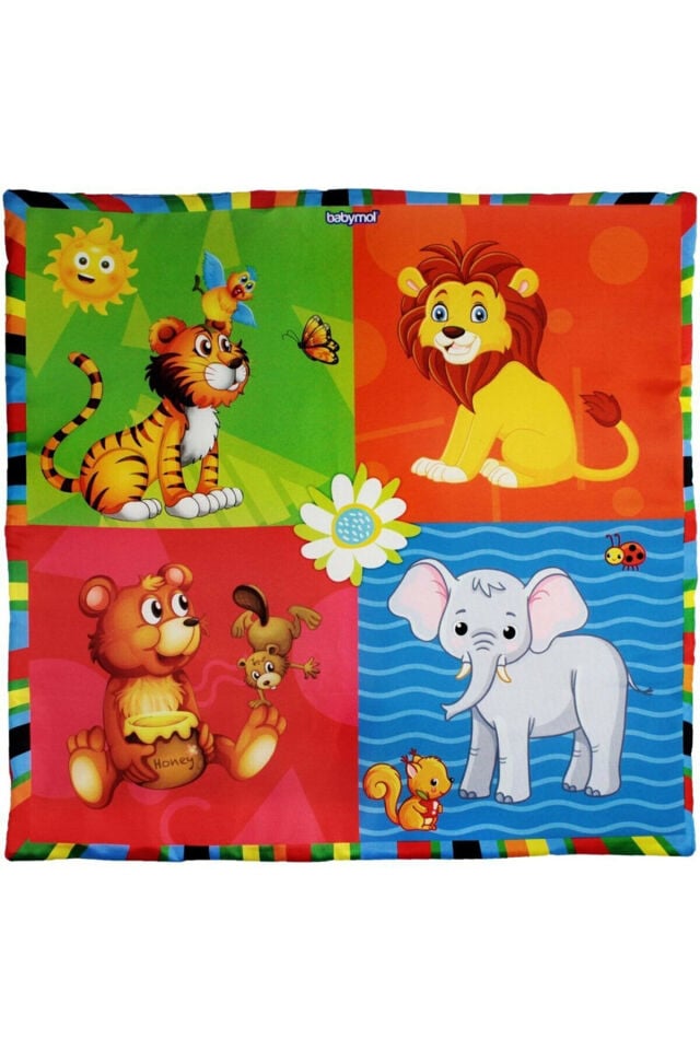 Bebek Neşeli Hayvanlar Oyuncaklı Oyun Halısı Minderi (KUTULU) Hediyelik Hediye 75x75 Cm Renkli̇