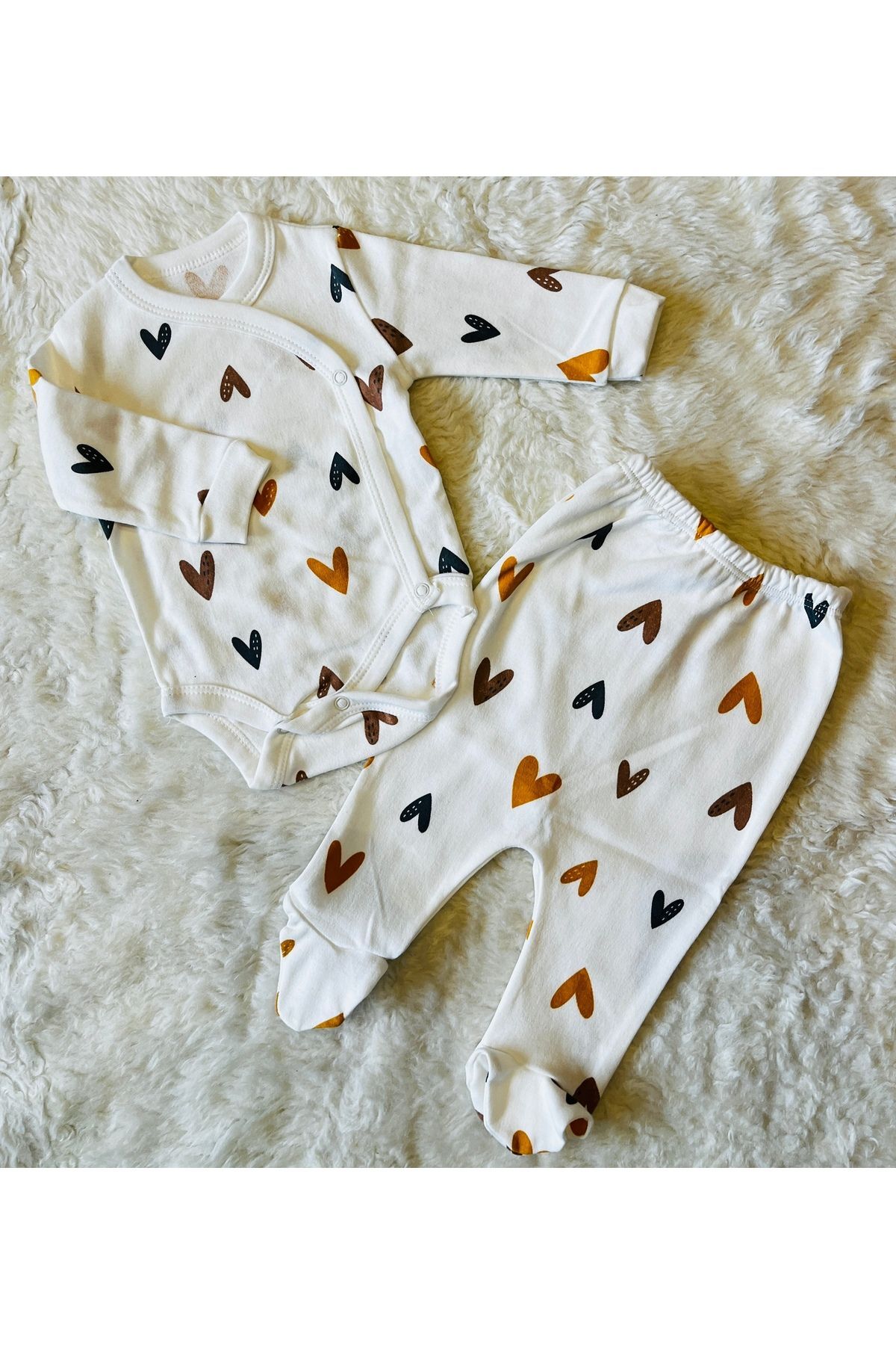Sarı bulutlu önden çıtçıtlı ikili bebek takım Kahvekalpli - 3-6 Ay