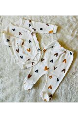 Sarı bulutlu önden çıtçıtlı ikili bebek takım Kahvekalpli - 3-6 Ay