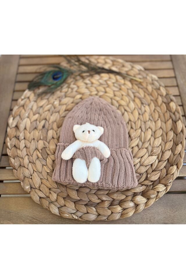 1-8 Yaşa Uyumlu Ayıcıklı Lila Bebek Çocuk Yün Triko Şapka Bere Ayıcıklı-Vizon - Standart
