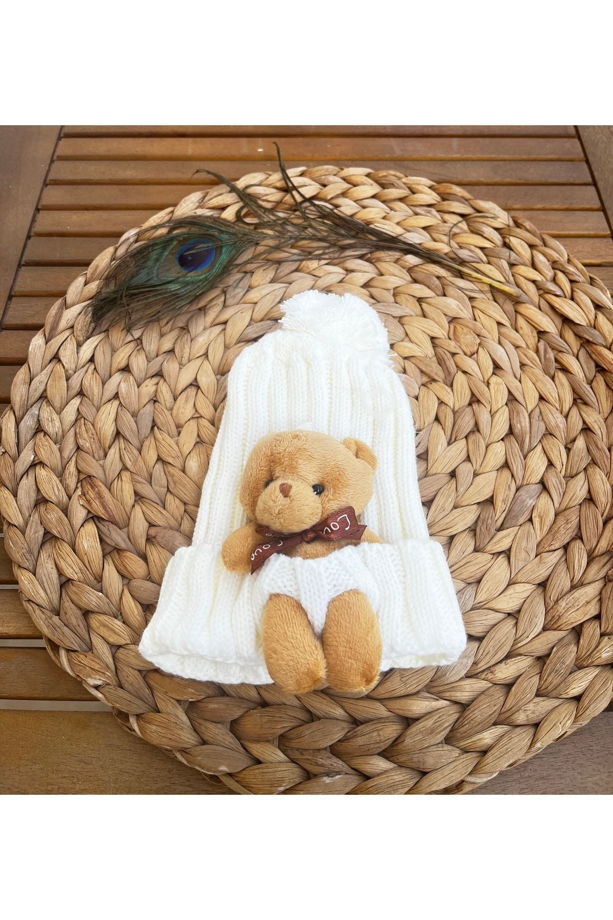 1-8 Yaşa Uyumlu Ayıcıklı Lila Bebek Çocuk Yün Triko Şapka Bere Ponponlu-Ayıcıklı-Krem - Standart