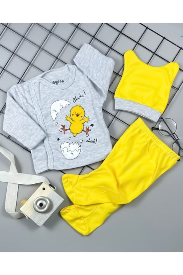 Unisex Bebek Gri Kendinden Eldivenli 3 Lü Civciv Takım