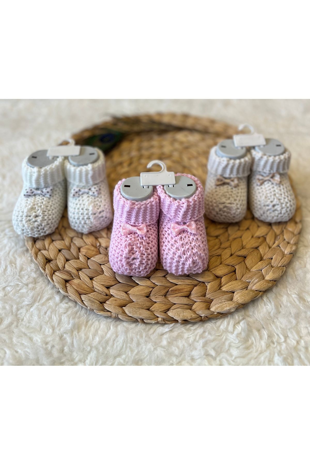 Kurdeleli Ekru Kız Erkek Bebek Triko Patik Kurdeleli Vizon Ekru Pembe