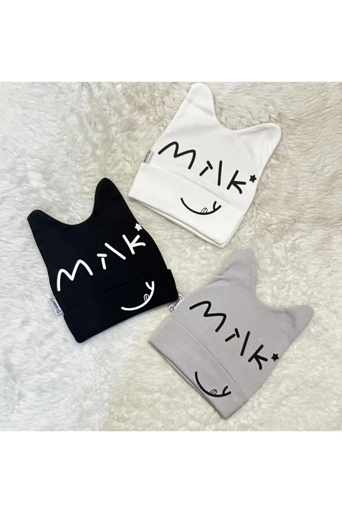 Siyah Beyaz Gri 3’'lü Milk Figürlü Kız Erkek Bebek Çocuk Penye Şapka Bere Siyah-Beyaz-Grimilk - 0-1 Yaş