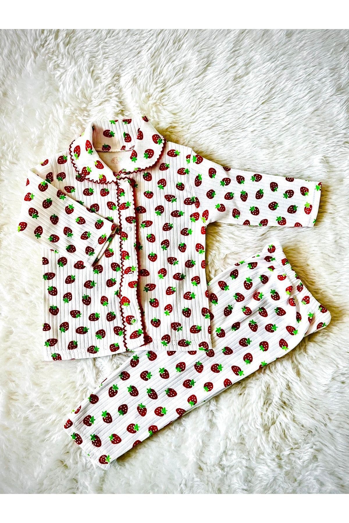 Kirazlı Organik Omuzdan 2’li Fitilli Kumaş Kız Bebek Çocuk Alt Üst Pijama Takımı Çilek - 3-6 Ay