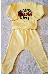 2’li Fitilli Kumaş Ayıcık Desenli Kız Erkek Bebek Çocuk Alt Üst Pijama Takımı Açık Sarı - 3-6 Ay