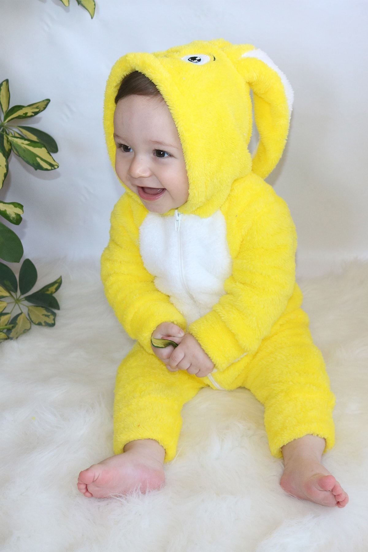 Unisex Bebek Sarı Peluş Tavşanlı Tulum Sarı- Beyaz - 0-6 Ay