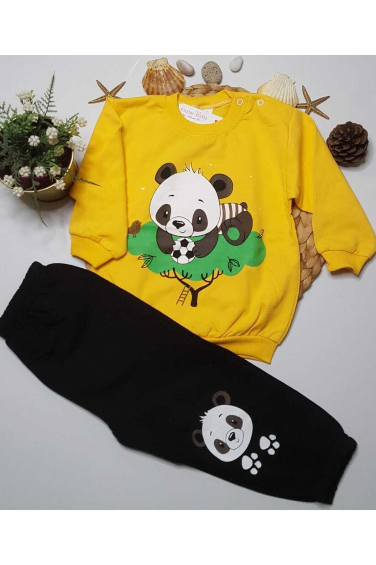 Çocuk Bebek Sweatshirt Alt 2'li Eşofman Takım Sarı-Siyah - 1.5-2 Yaş