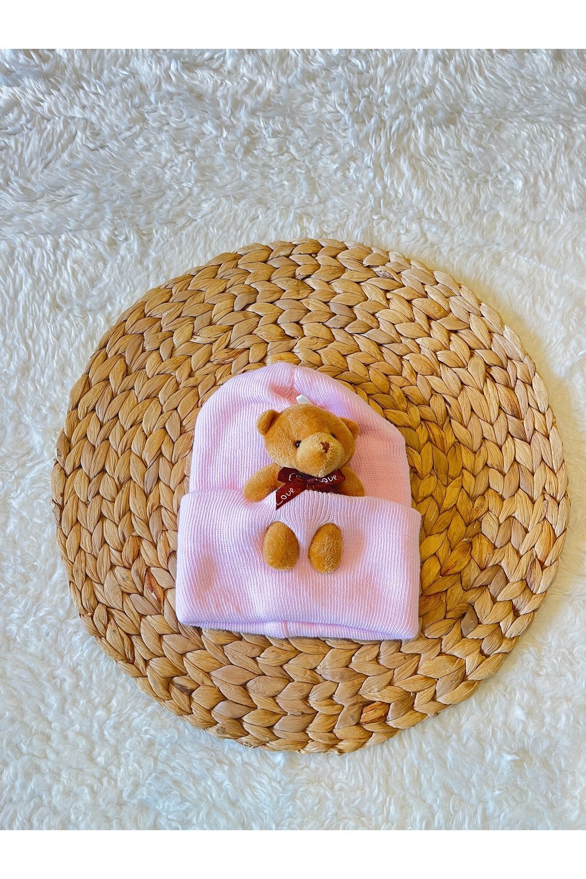 Pembe 1-8 Yaşa Uyumlu Çift Katlı Ayıcıklı Bebek Çocuk Yün Triko Şapka Bere Pembe Çift Katlı - Standart