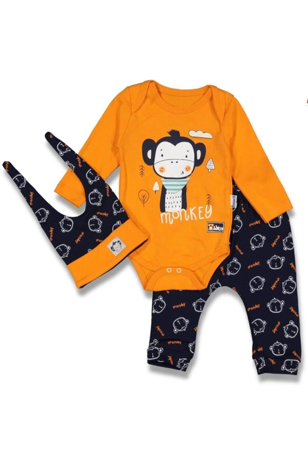 Maymunlu Erkek Bebek 3 Lü Takım %100 Pamuklu Turuncu - 3-6 Ay