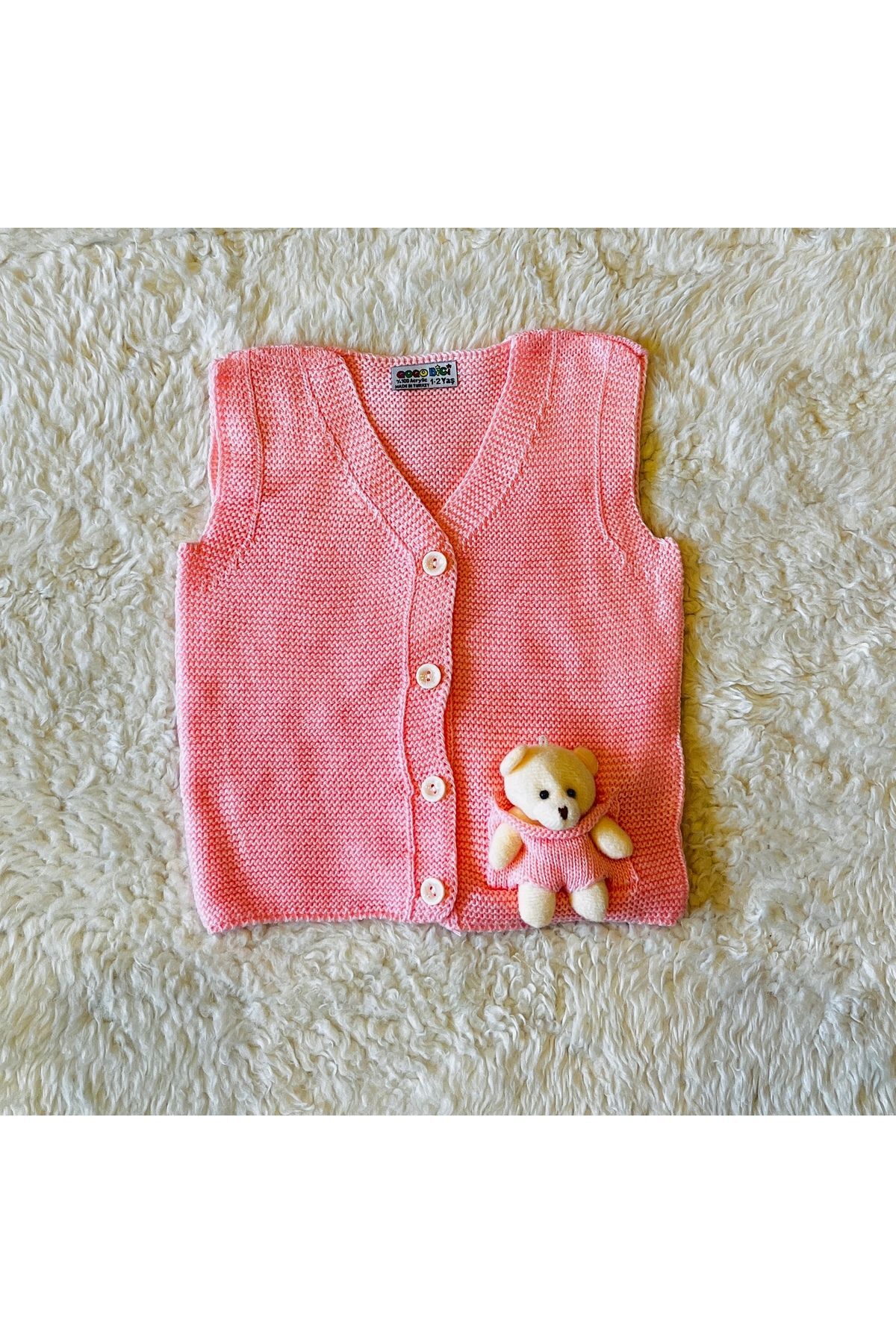 Ekru Ponponlu Kurdeleli Kız Bebek Çocuk Triko Yelek Ayıcıklıpembe - 2-3 Yaş