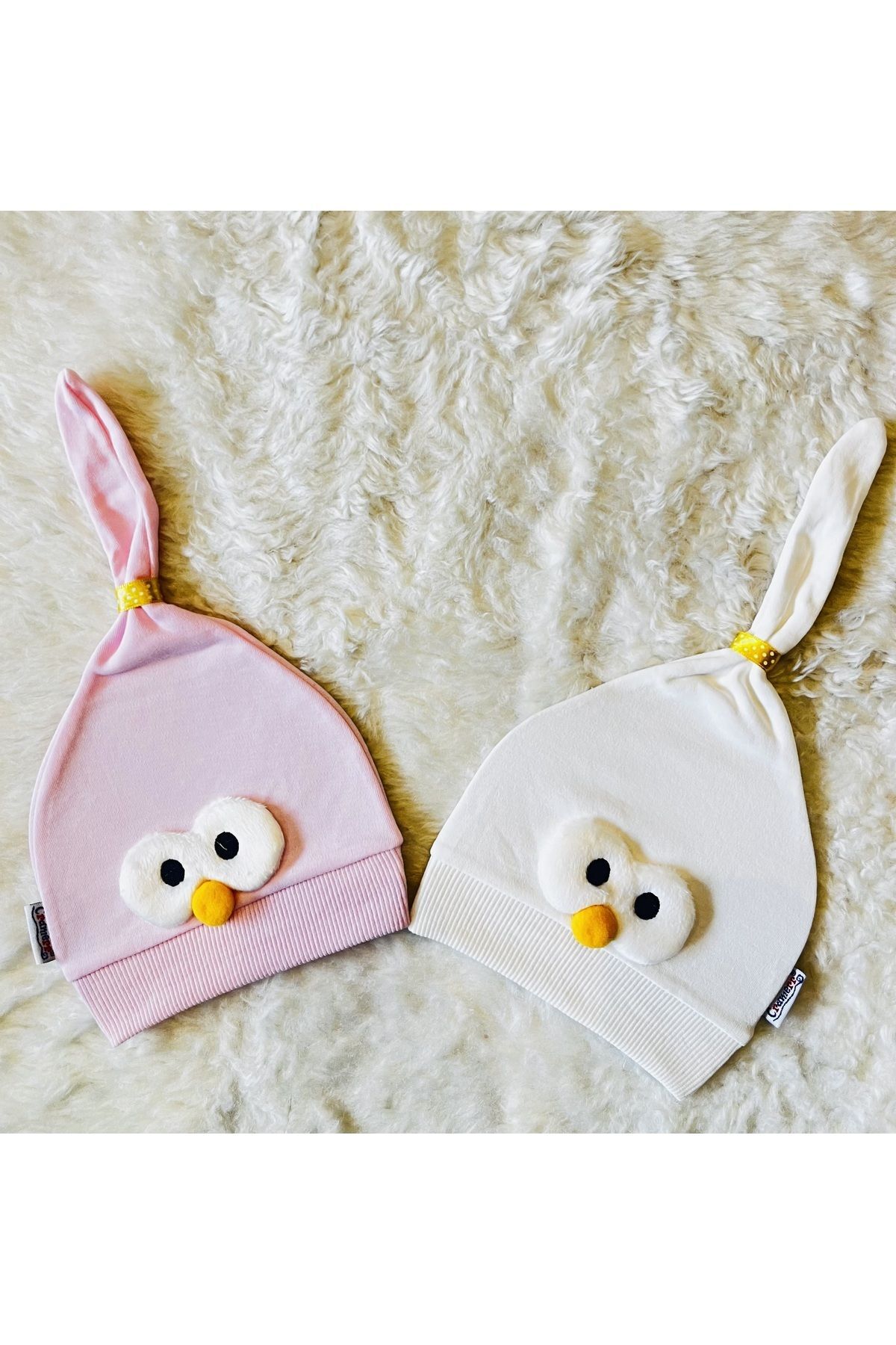 Mavi Yıldız Figürlü Kız Erkek Bebek Çocuk Penye Şapka Bere Pembe-Beyaz - 0-1 Yaş