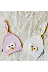 Mavi Yıldız Figürlü Kız Erkek Bebek Çocuk Penye Şapka Bere Pembe-Beyaz - 0-1 Yaş