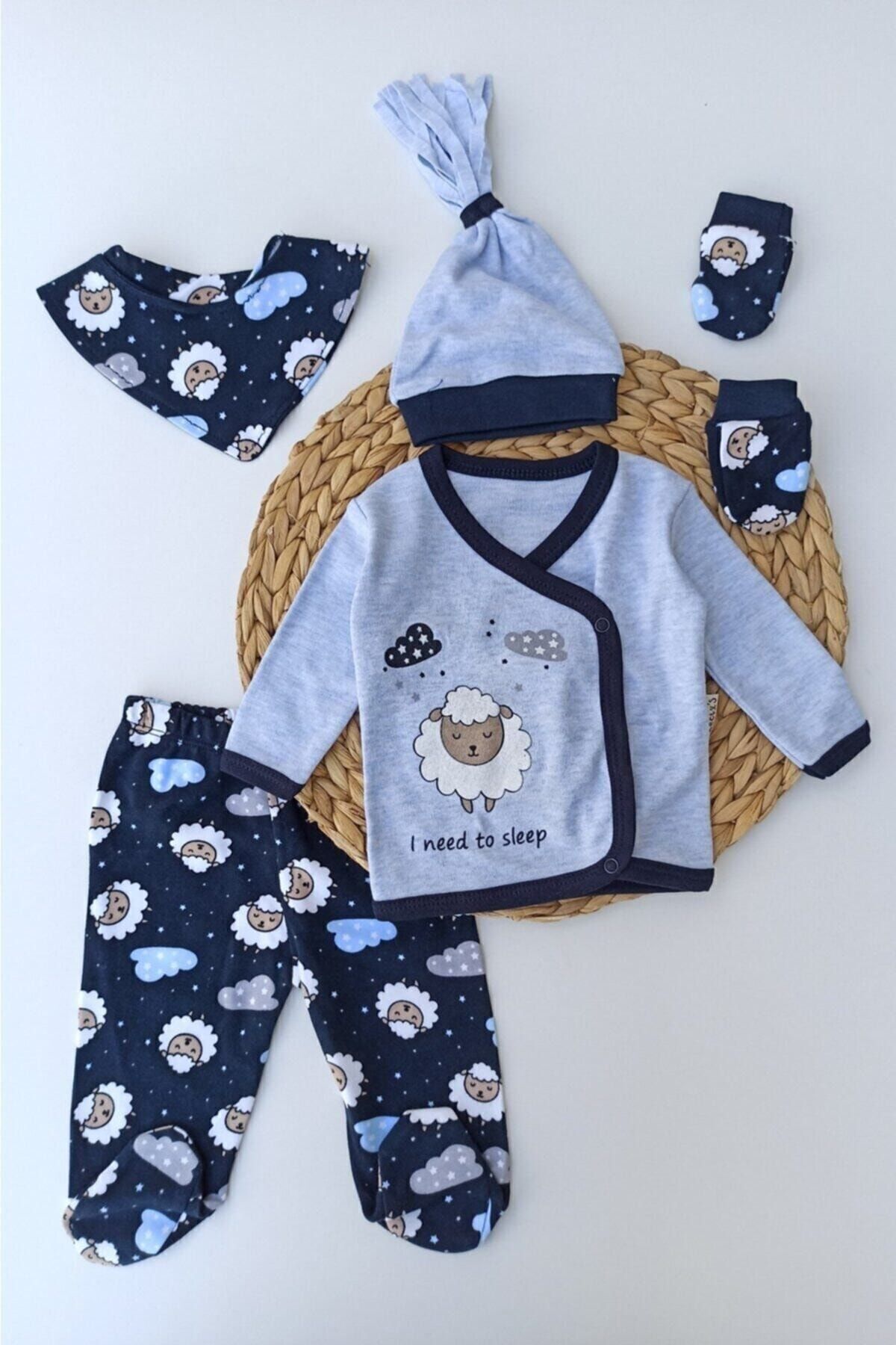 Erkek Bebek Mavi Kuzu Baskılı Bebek 5li Hastana Çıkışı Zıbın Set Mavi - 0-3 Ay