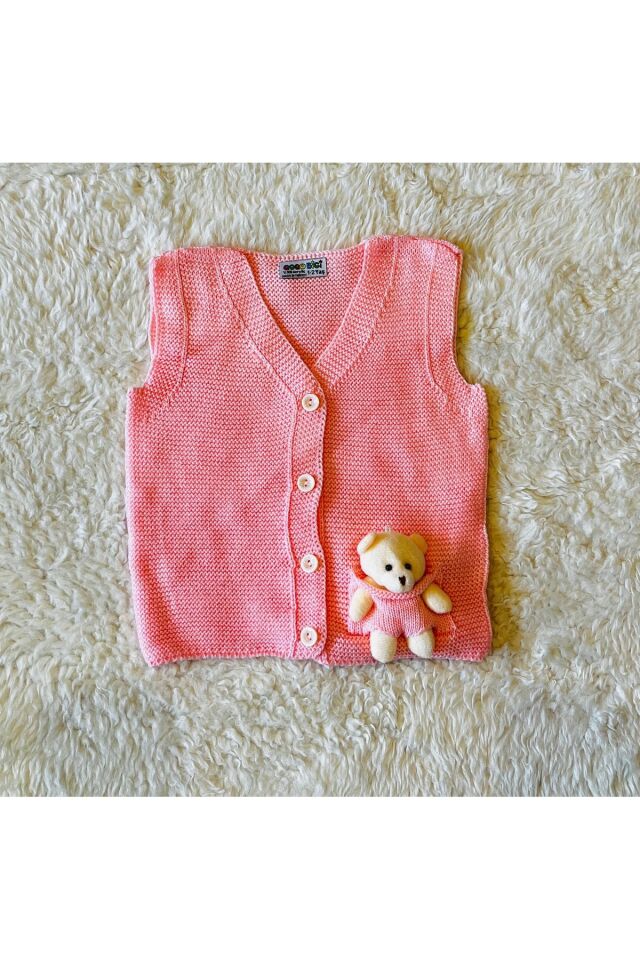 Ekru Ponponlu Kurdeleli Kız Bebek Çocuk Triko Yelek Ayıcıklıpembe - 4-5 Yaş